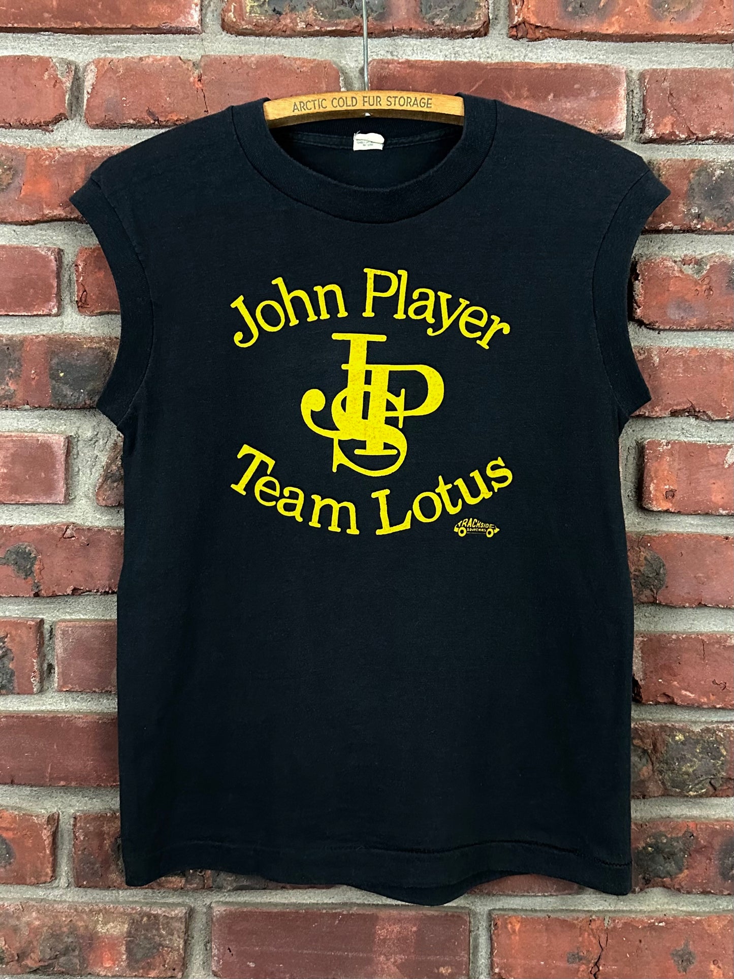 Vintage 80s 1980s JOHN PLAYER SPECIAL TEAM LOTUS Formula One F1 Racing Team Sleeveless T-Shirt Tank Top Black Screen Stars Label Mens Small S