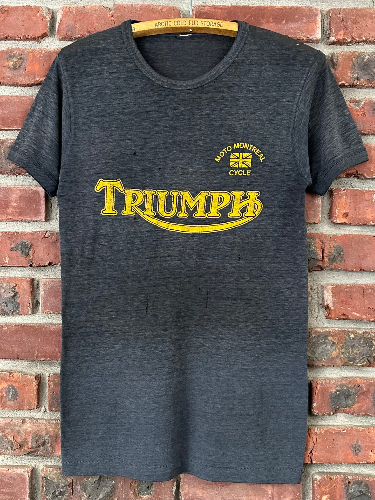 Vintage 70s 1970s TRIUMPH Motorcycles Dealer T-Shirt Moto Montreal Canada Paper Thin Burnout Soft Faded Black Mens Small S 17.25x28.25