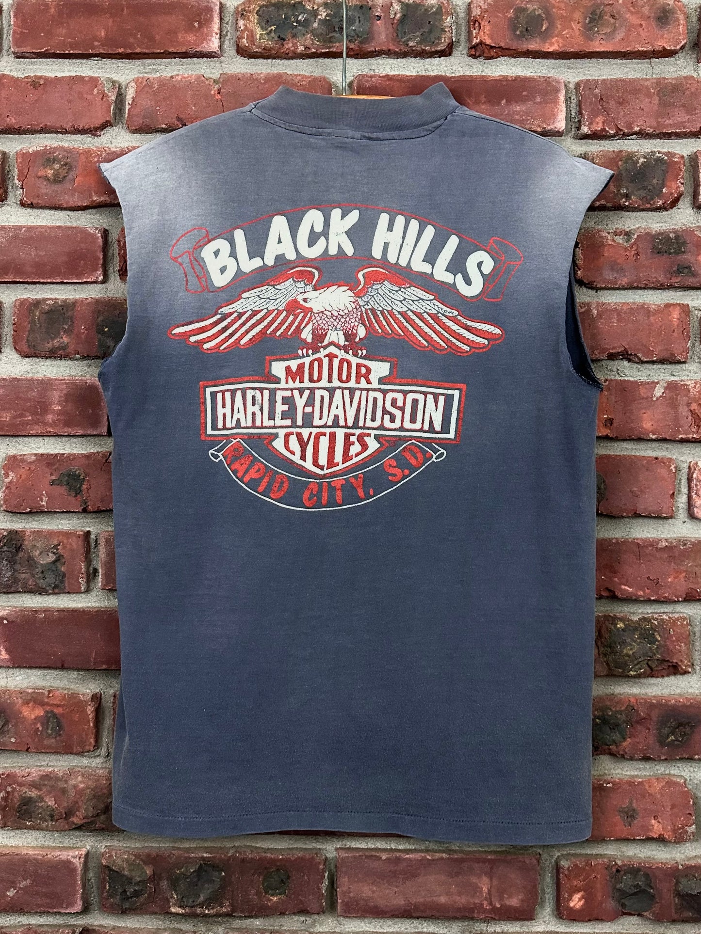 Vintage 80s 1980s 1983 HARLEY DAVIDSON Motorcycles Sleeveless Cut Off T-Shirt Sturgis Black Hills Rapid City South Dakota Biker Faded Black Hanes Mens M Medium