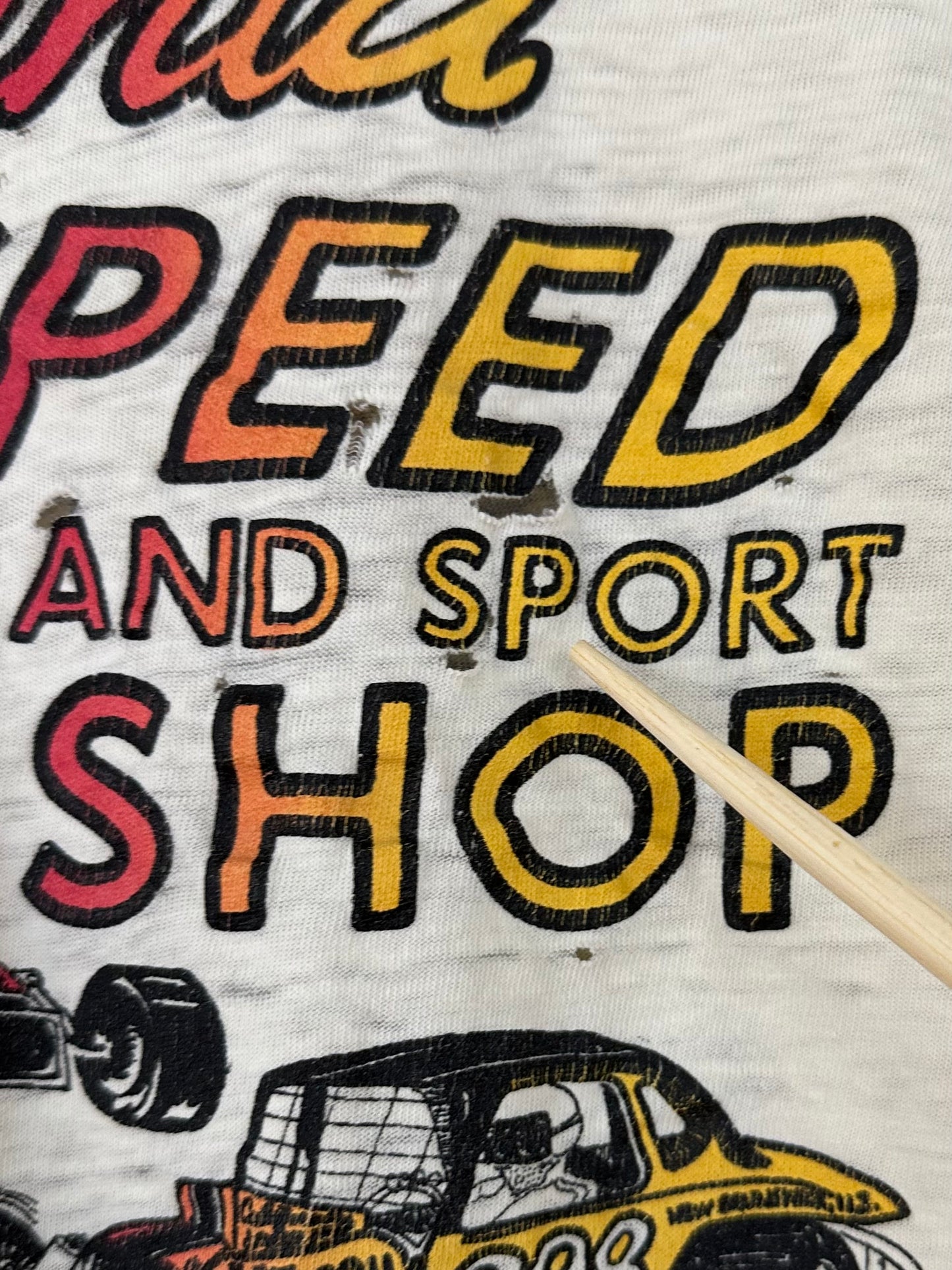 Vintage 60s 1960s CALIFORNIA SPEED and SPORT SHOP T-Shirt Hot Rod Drag Racing Thrashed Distressed Off White Mens Small S