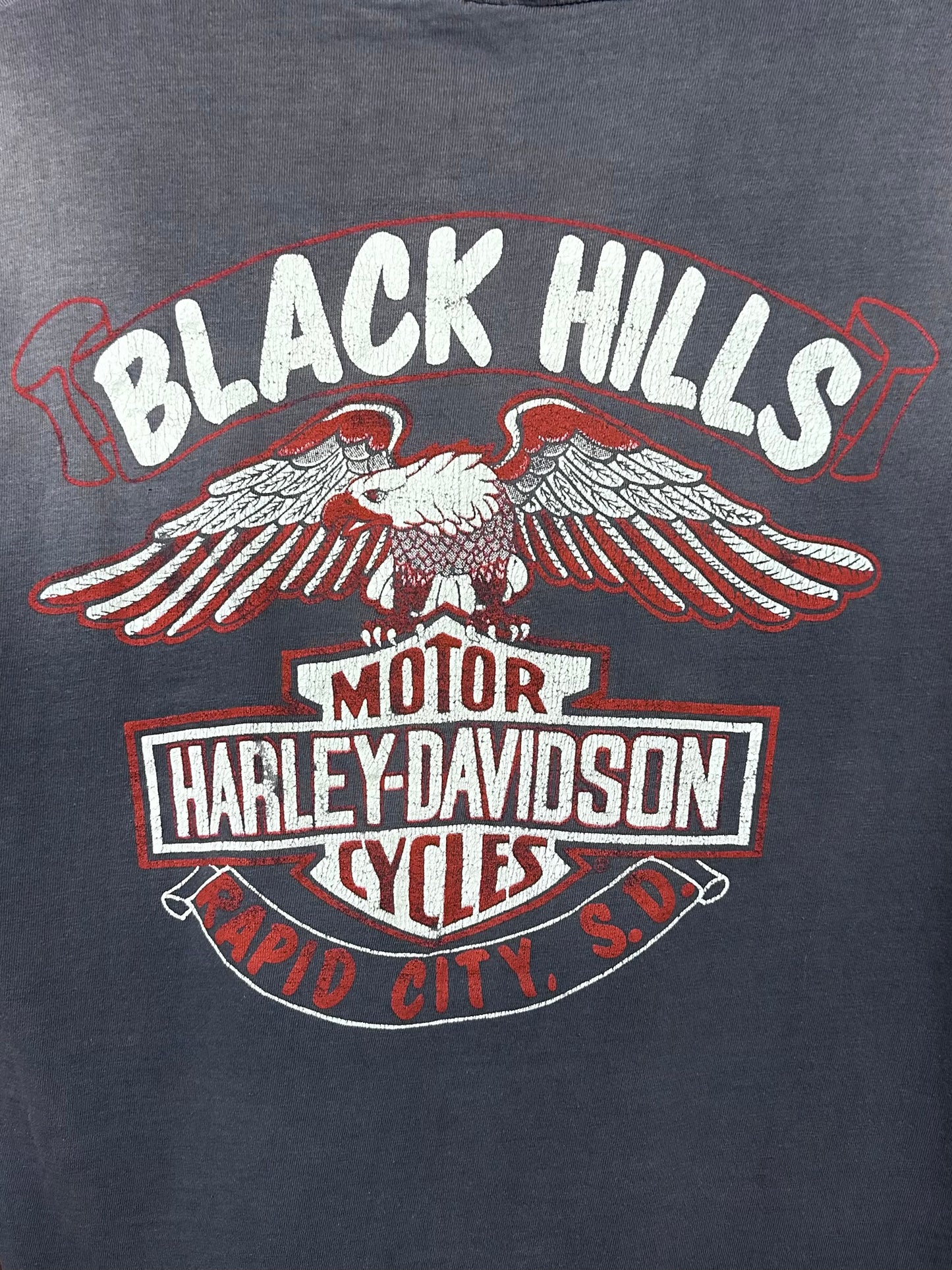 Vintage 80s 1980s 1983 HARLEY DAVIDSON Motorcycles Sleeveless Cut Off T-Shirt Sturgis Black Hills Rapid City South Dakota Biker Faded Black Hanes Mens M Medium