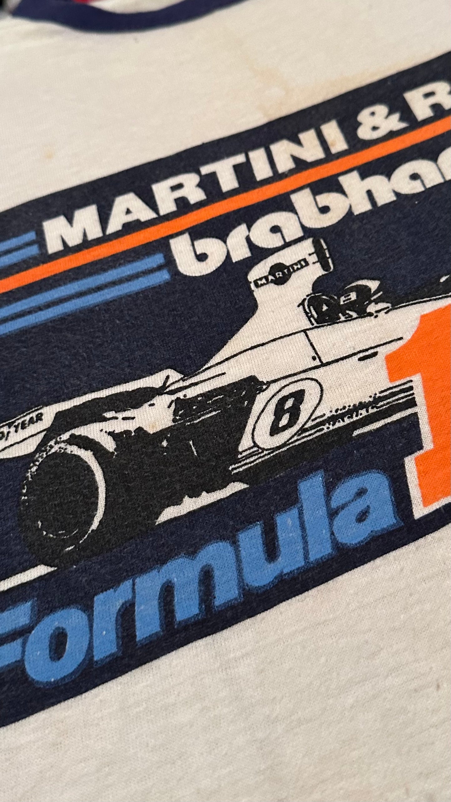 Vintage 70s 1970s MARTINI & ROSSI BRABHAM Formula 1 Team F1 Ringer T SHIRT Formula One BT44B Car Grand Prix Auto Racing Automotive White Hanes Label Mens Large L*******CW
