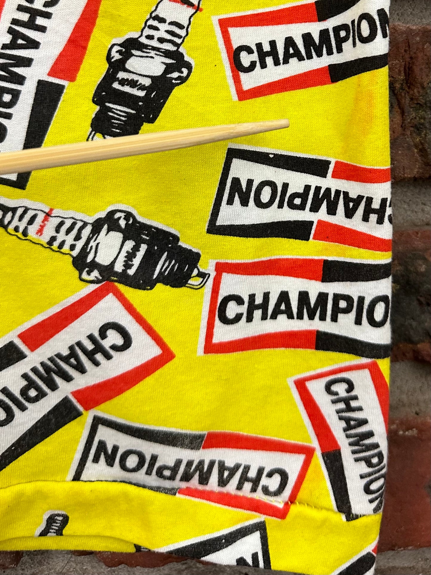 Vintage 70s 1970s CHAMPION Spark Plugs All Over Print T-Shirt AOP Yellow 5050 Mens Medium M
