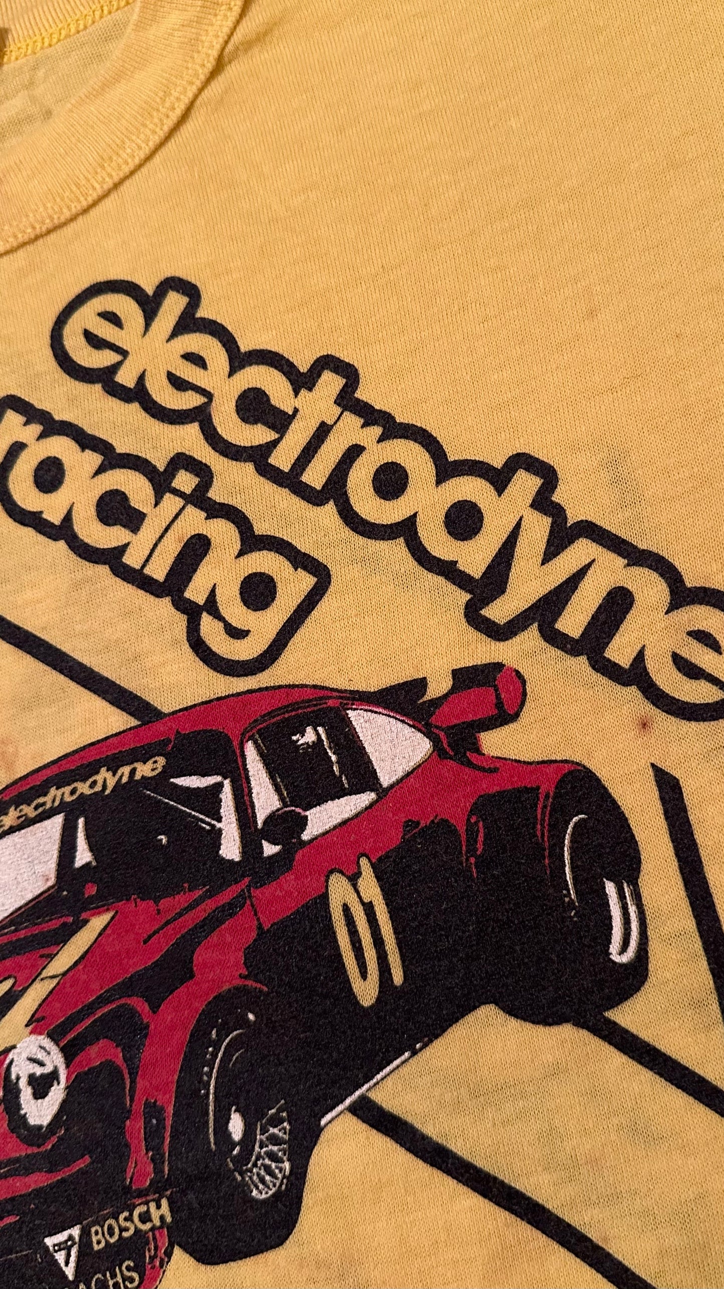 Vintage 80s 1980s ELECTRODYNE RACING Porsche 934 RSR Turbo 911 Carrera T SHIRT Automotive Auto Yellow Mens Small S *******CW