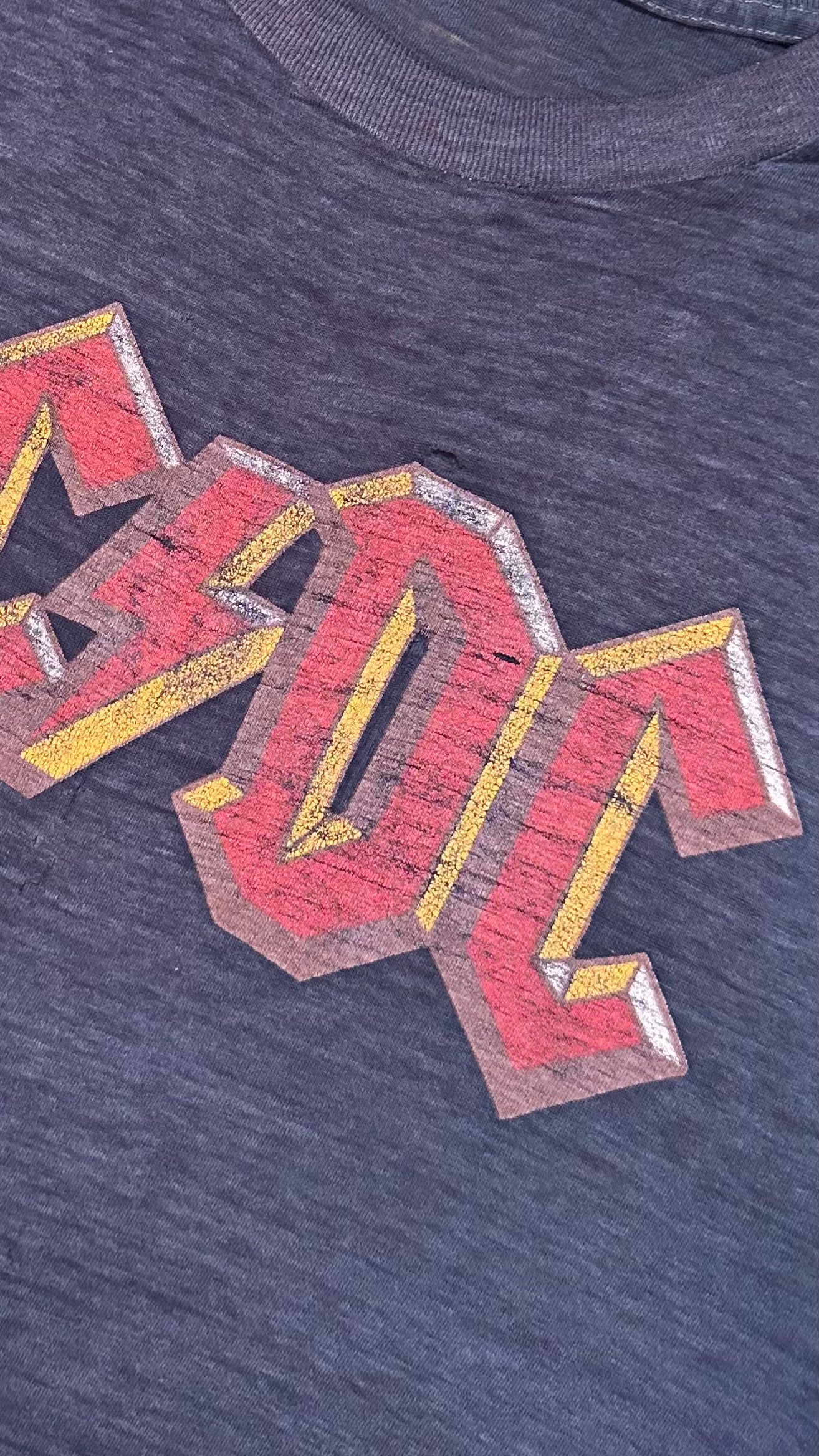Vintage 70s 1970s 1979 ACDC Highway To Hell Rock Concert Tour T-Shirt Thrashed Distressed Paper Thin Burnout Faded Navy Blue Mens Small S