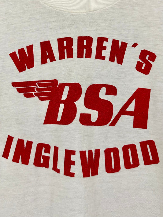 Vintage 60s 1960s BSA Motorcycles Dealer T-Shirt Warrens Inglewood California White Amcrest Label Mens Small S 17.25x26