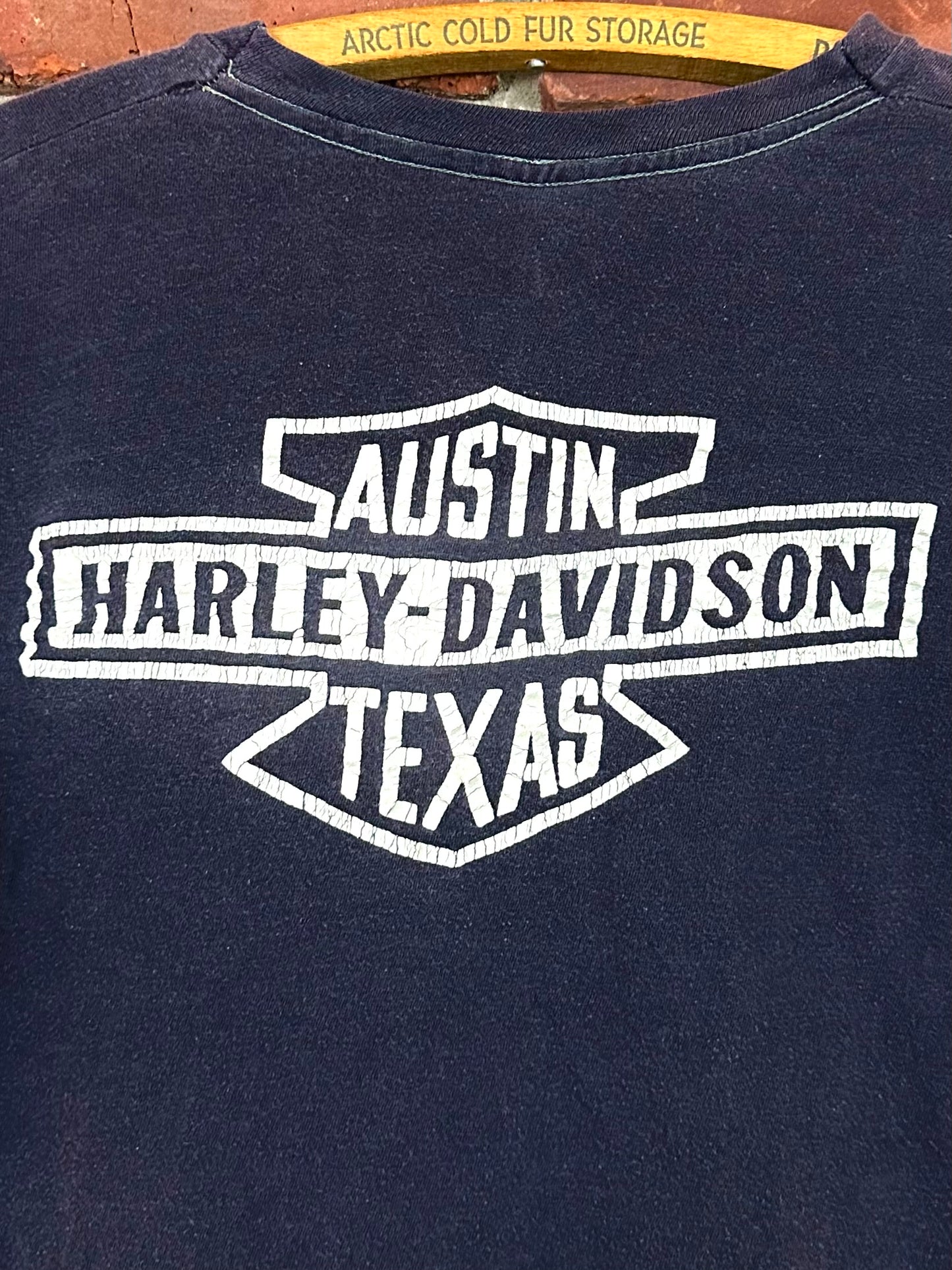 Vintage 60s 70s 1960s 1970s HARLEY DAVIDSON MOTORCYCLES Bar and Shield Cropped Pocket T-Shirt Austin Texas Dealer Blue Derby Label Mens Extra Small XS 17.25x19