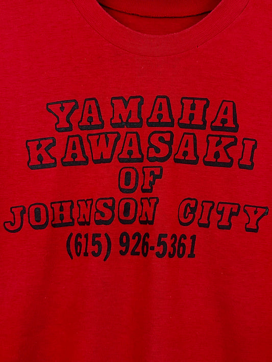 Vintage 70s 1970s YAMAHA KAWASAKI Motorcycles T-Shirt Johnson City Tennessee TN Dealer Thin Soft Faded Red Mens Small S