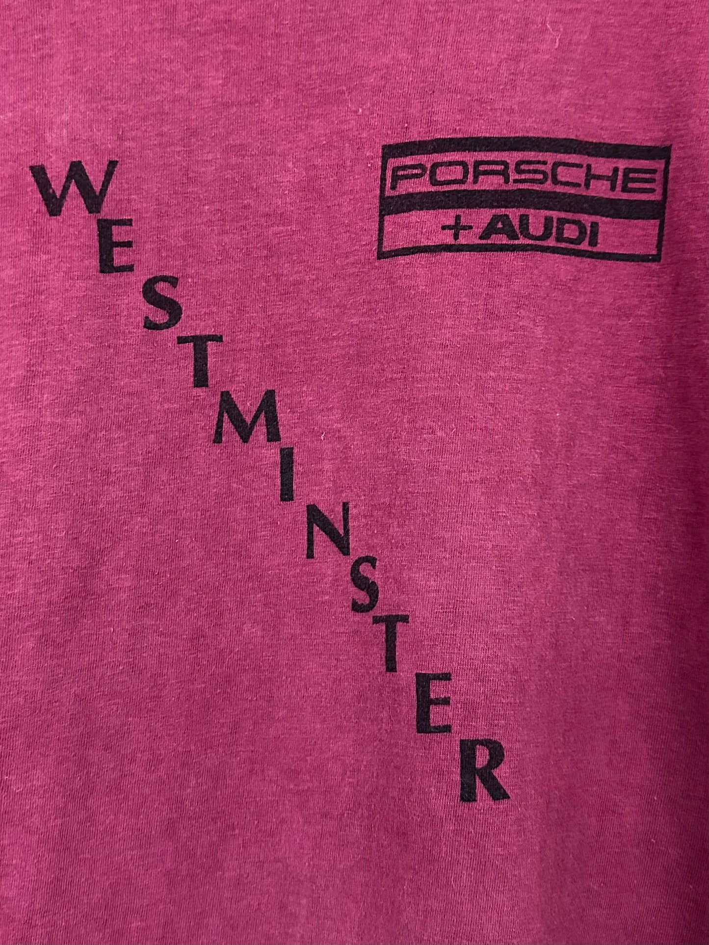 Vintage 70s 1970s PORSCHE AUDI Canadian Dealer T-Shirt Westminster Canada German Car Dealership European Automotive Auto Mechanic Faded Burgundy Red Tiger Label Mens S Small