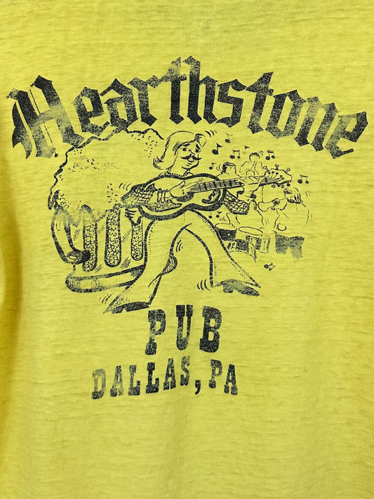 Vintage 70s 1970s HEARTHSTONE PUB Dallas PA Pennsylvania T-Shirt Rock Concert Music Venue Thrashed Distressed Paper Thin Burnout Faded Yellow Mens Extra Small XS 17"W 22.5" L