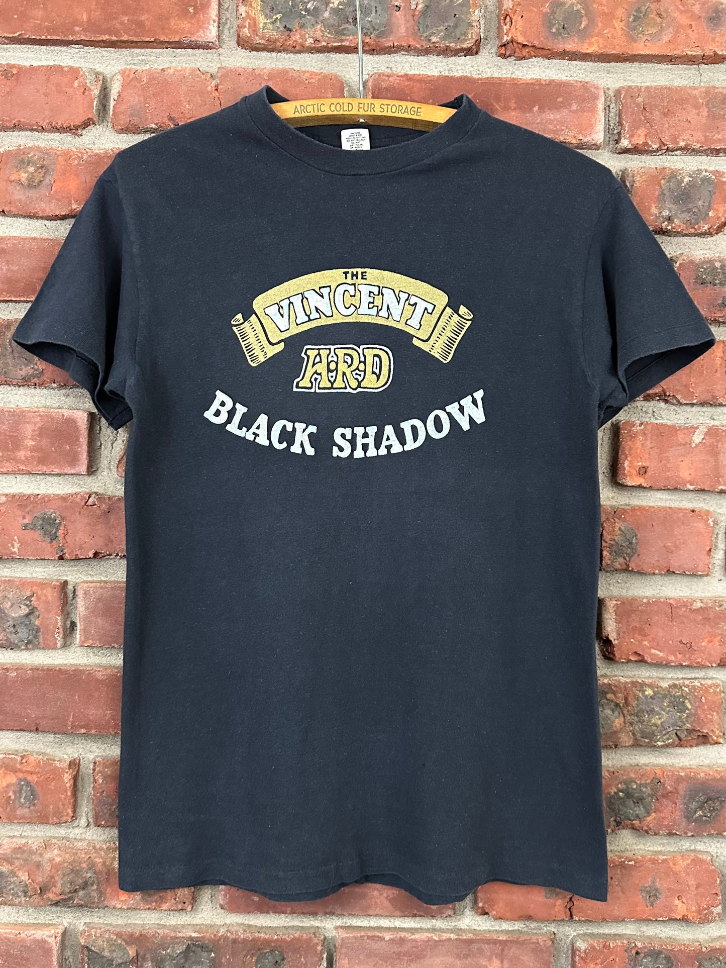 Vintage 70s 1970s THE VINCENT HRD Black Shadow Motorcycle T-Shirt Classic Motorcycles Of Santa Cruz California CA Dealer British Biker Soft Faded Black Hanes Label Mens Small S 17.25x26