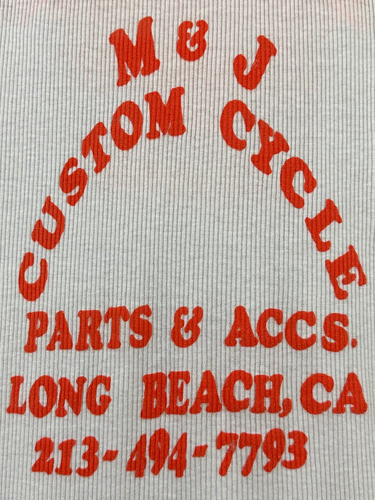 Vintage 70s 1970s M&J CUSTOM CYCLE Long Beach x WAY OUT WEST El Paso Motorcycle Shop Biker TANK TOP Sleeveless Ribbed Undershirt White Brut Label Mens Small S 11x28