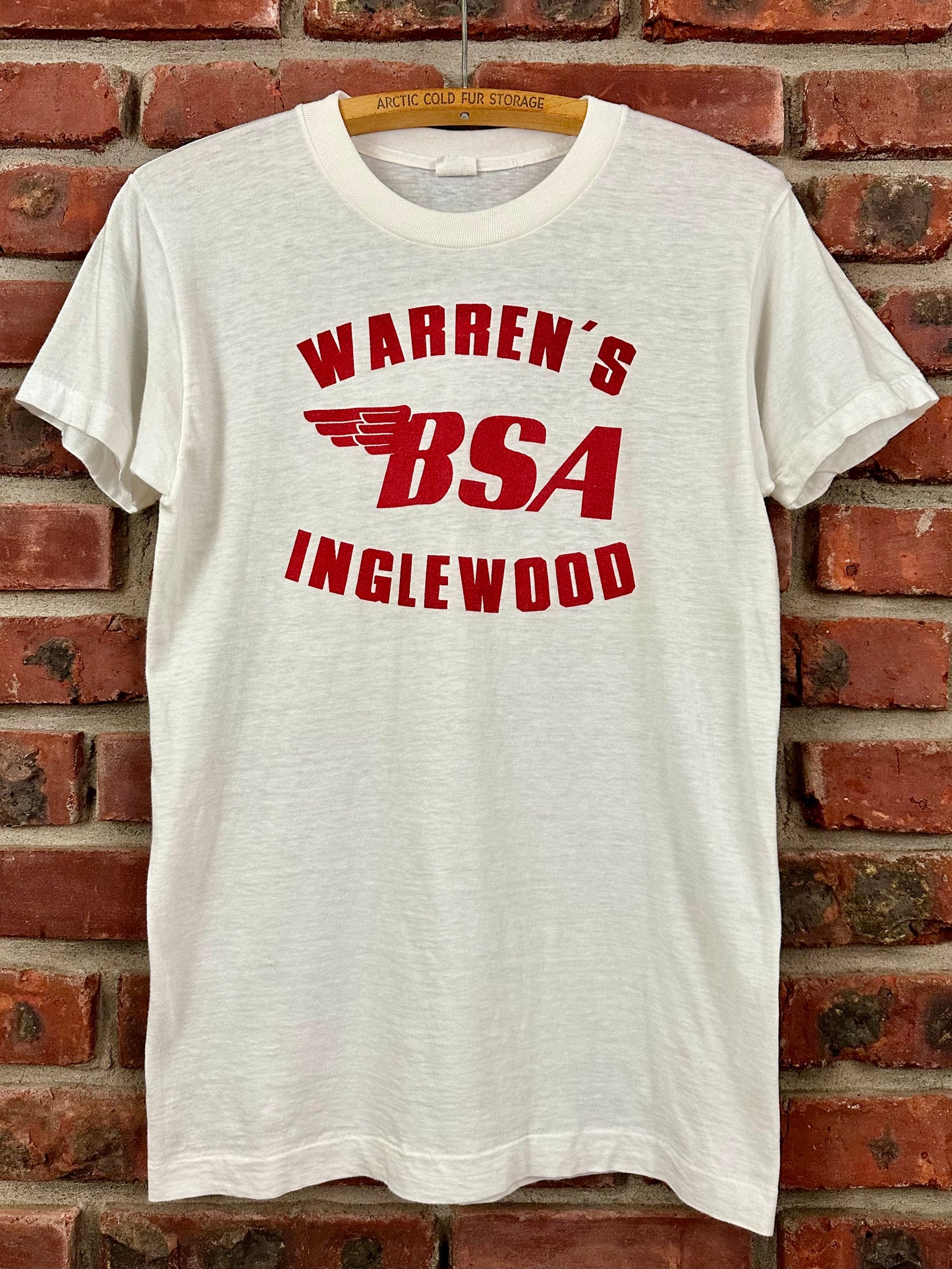 Vintage 60s 1960s BSA Motorcycles Dealer T-Shirt Warrens Inglewood California White Amcrest Label Mens Small S 17.25x26