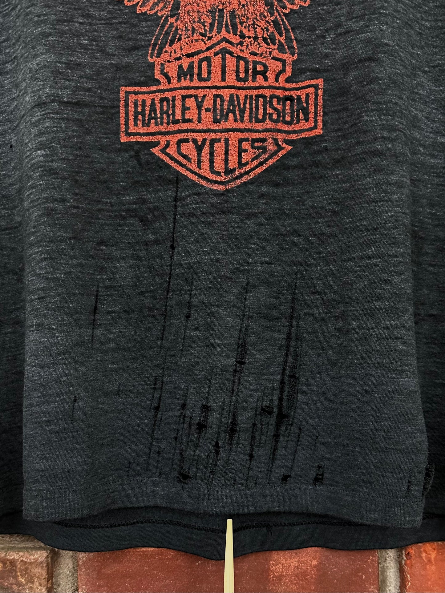 Vintage 80s 1980s HARLEY DAVIDSON Motorcycles Eagle Bar and Shield T-Shirt Harley Only Inc Hallandale Florida FL Dealer Thrashed Distressed Paper Thin Burnout Faded Black Hanes Mens Small S