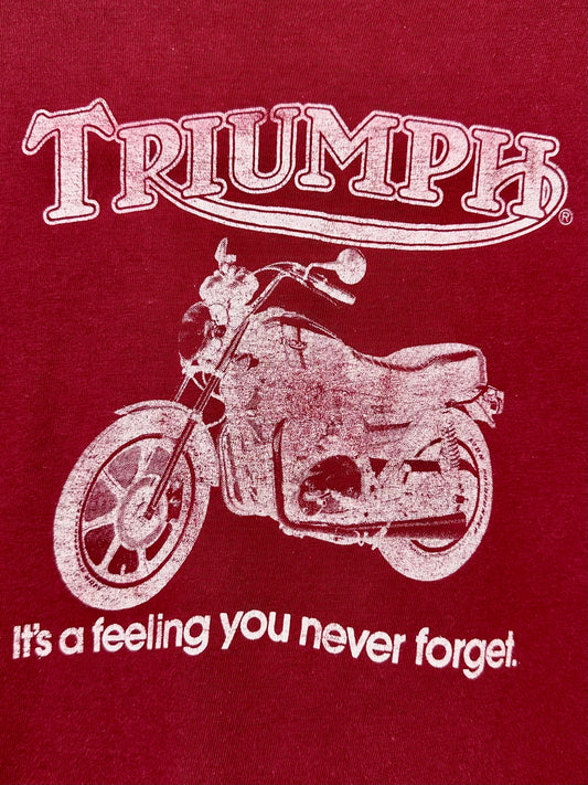 Vintage 80s 1980s TRIUMPH Motorcycles Dealer T-Shirt Franks Motorcycle Sales & Service Essex Vermont Soft Burgundy Red Hanes Label Mens Medium Large M L 20x27.25