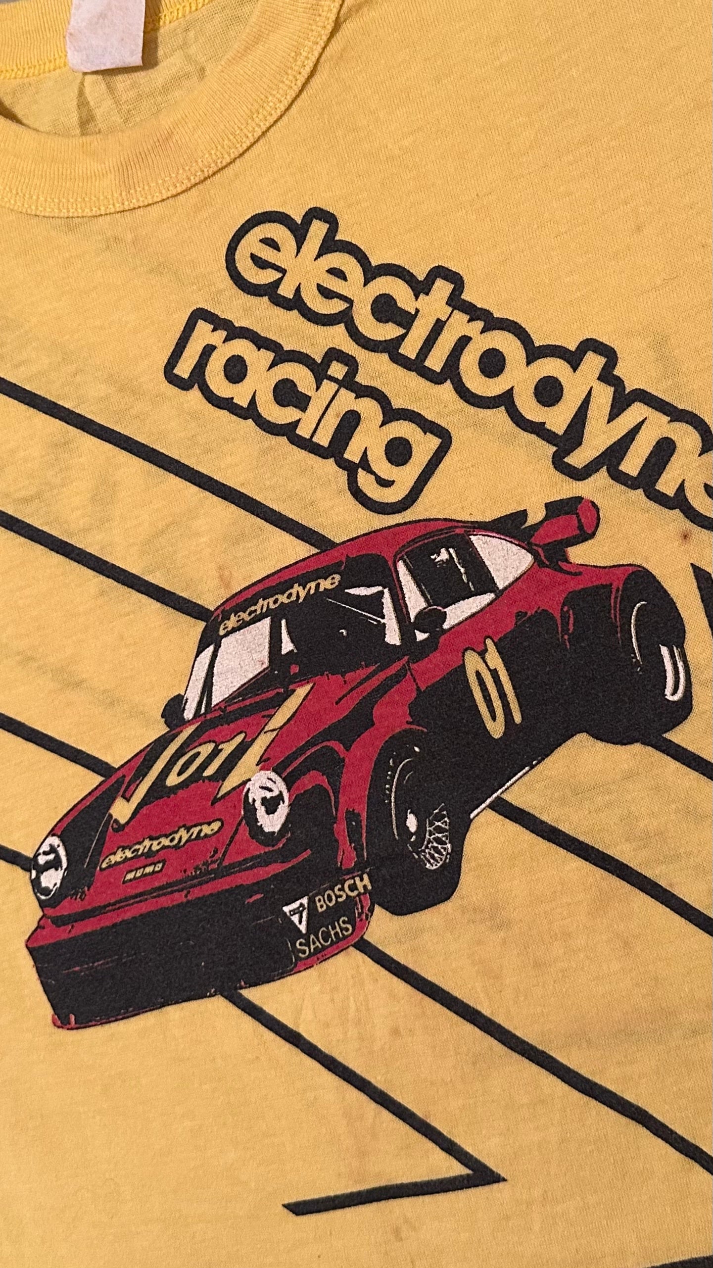 Vintage 80s 1980s ELECTRODYNE RACING Porsche 934 RSR Turbo 911 Carrera T SHIRT Automotive Auto Yellow Mens Small S *******CW