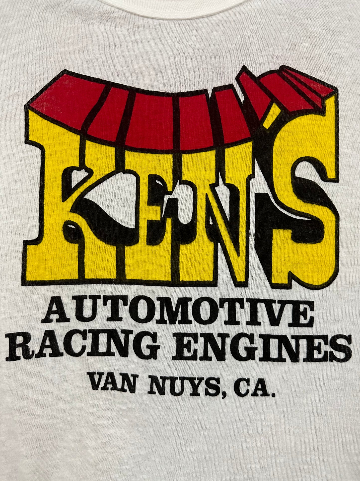 Vintage 70s 1970s KENS Automotive Racing Engines T-Shirt Van Nuys California Speed Shop White Hanes Mens XS Extra Small