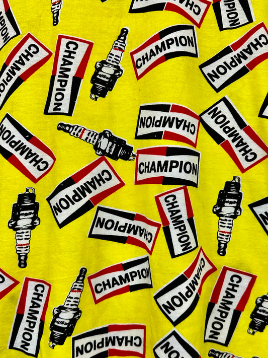 Vintage 70s 1970s CHAMPION Spark Plugs All Over Print T-Shirt AOP Yellow 5050 Mens Medium M