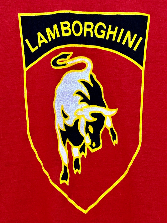 Vintage 80s 1980s LAMBORGHINI T-Shirt Italian European Car Company Auto Automotive Mens Red Screen Stars Label Mens Extra Small XS