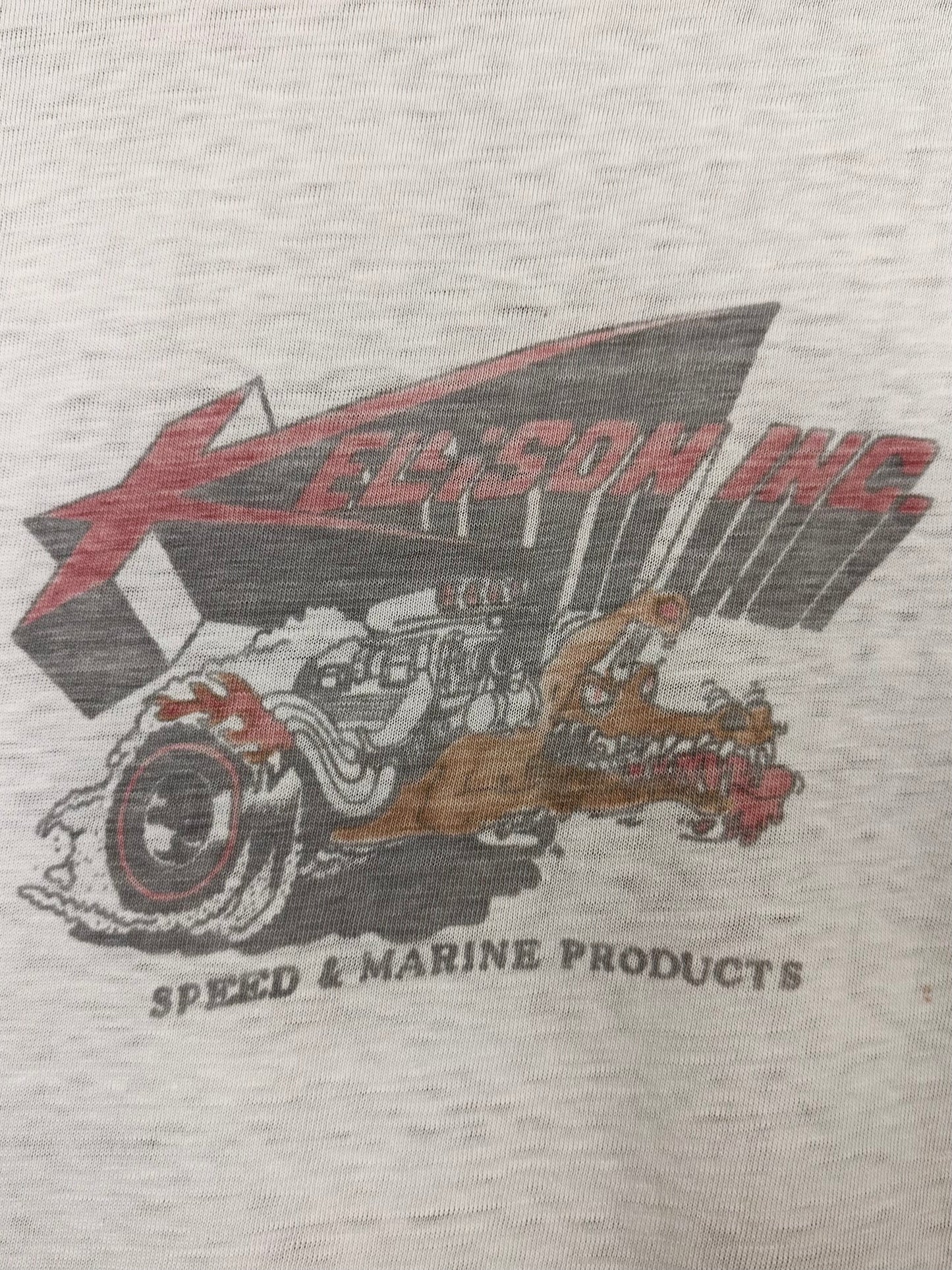 Vintage 60s 1960s KELLISON INC Speed & Marine Products T-Shirt Fiberglass Body Kit Car Hot Rod Drag Racing Speed Shop Mechanic Faded Paper Thin White Hanes Mens Small S 17.25"W 25.25"L