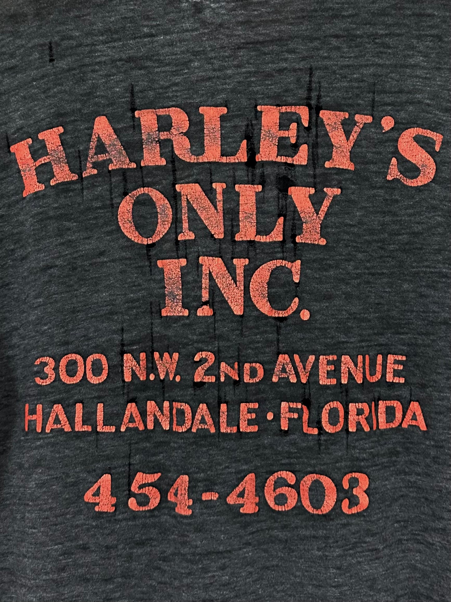 Vintage 80s 1980s HARLEY DAVIDSON Motorcycles Eagle Bar and Shield T-Shirt Harley Only Inc Hallandale Florida FL Dealer Thrashed Distressed Paper Thin Burnout Faded Black Hanes Mens Small S