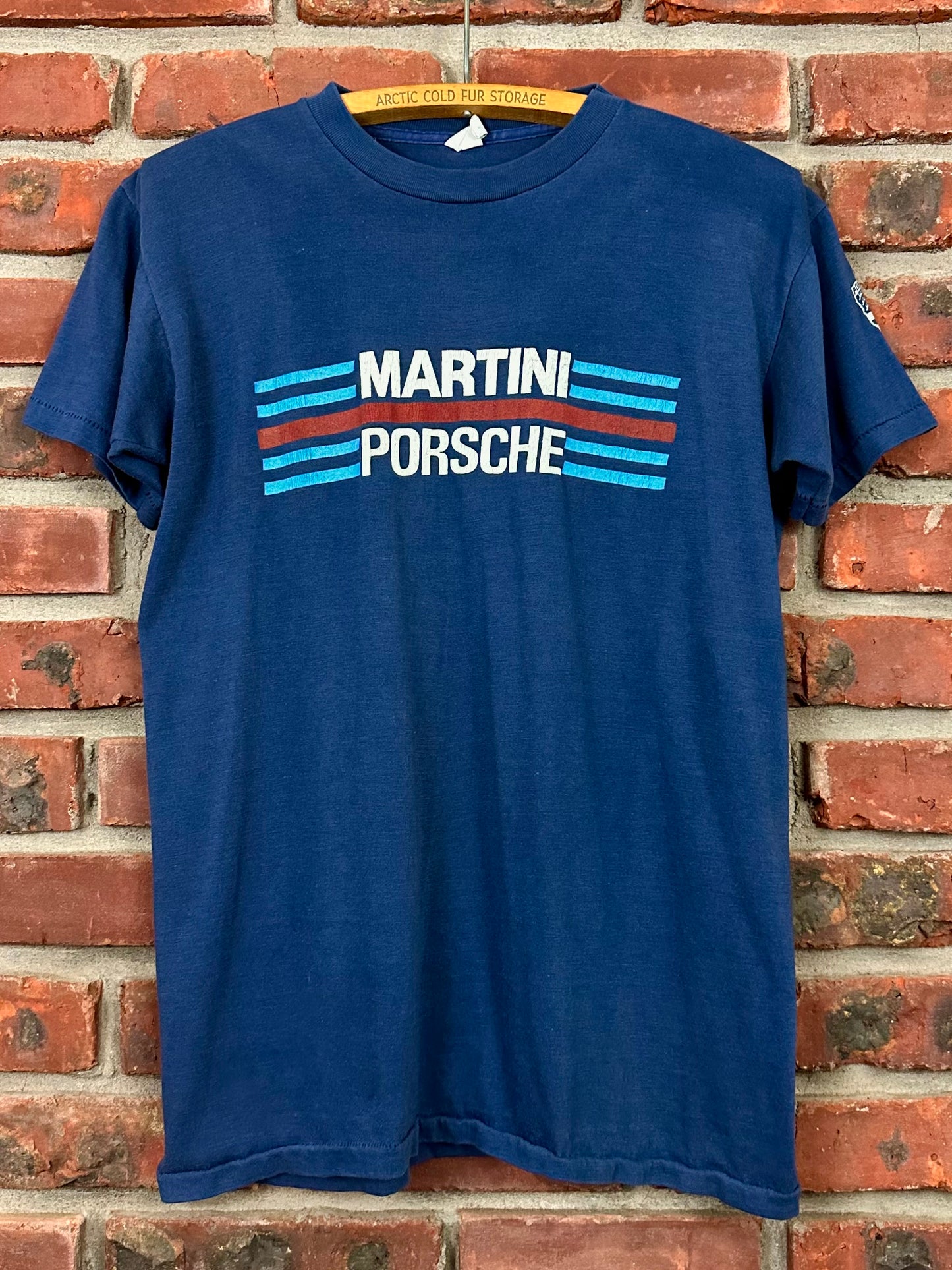 Vintage 70s 1970s MARTINI PORSCHE Formula One F1 Le Mans Racing Livery T-Shirt Faded Navy Blue Sportswear Label Mens M Medium