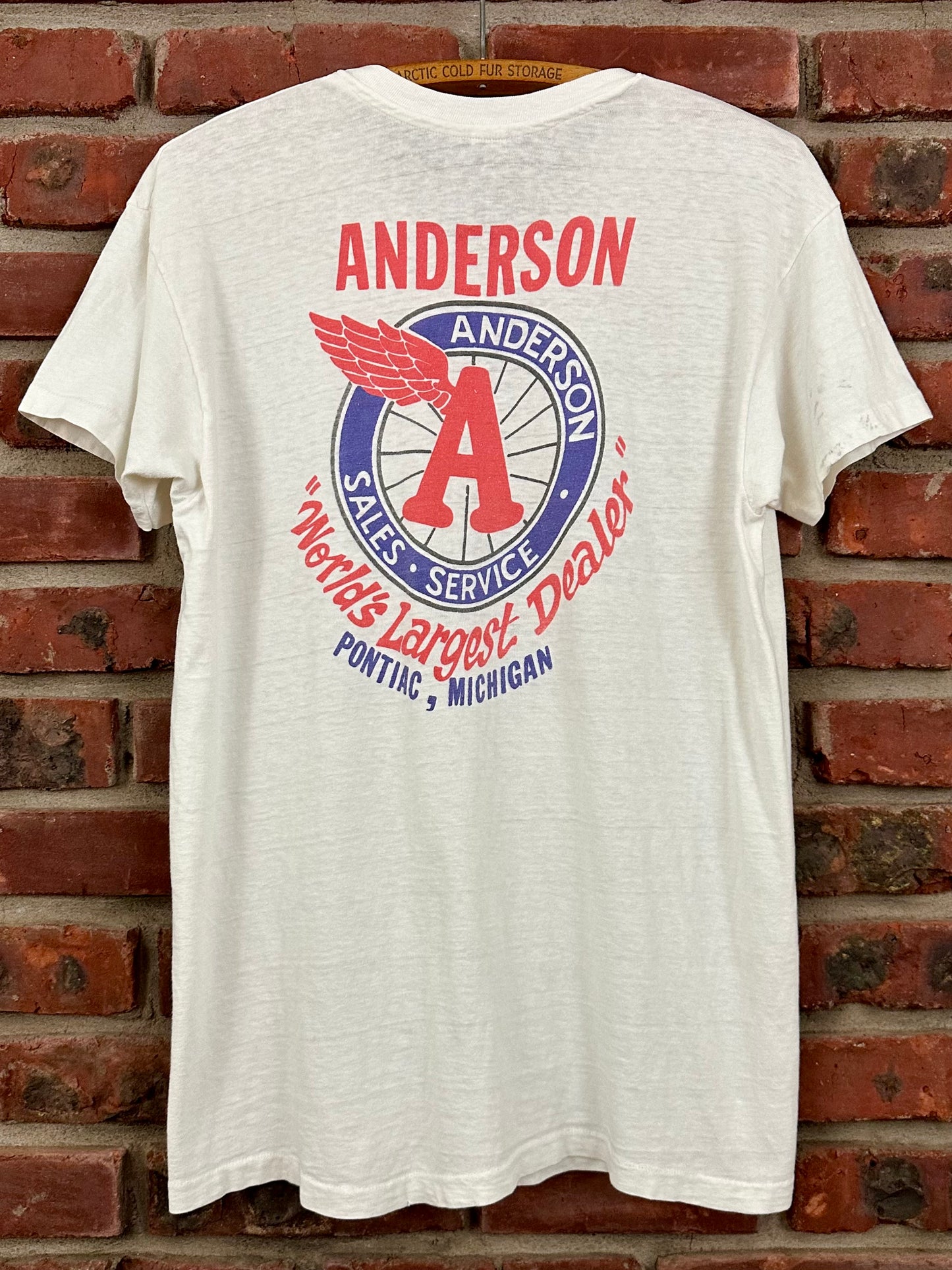 Vintage 60s 1960s HONDA Motorcycles Dealer T-Shirt Anderson Sales & Service Pontiac Michigan Worlds Largest Dealer White Hanes 19.25x26.5