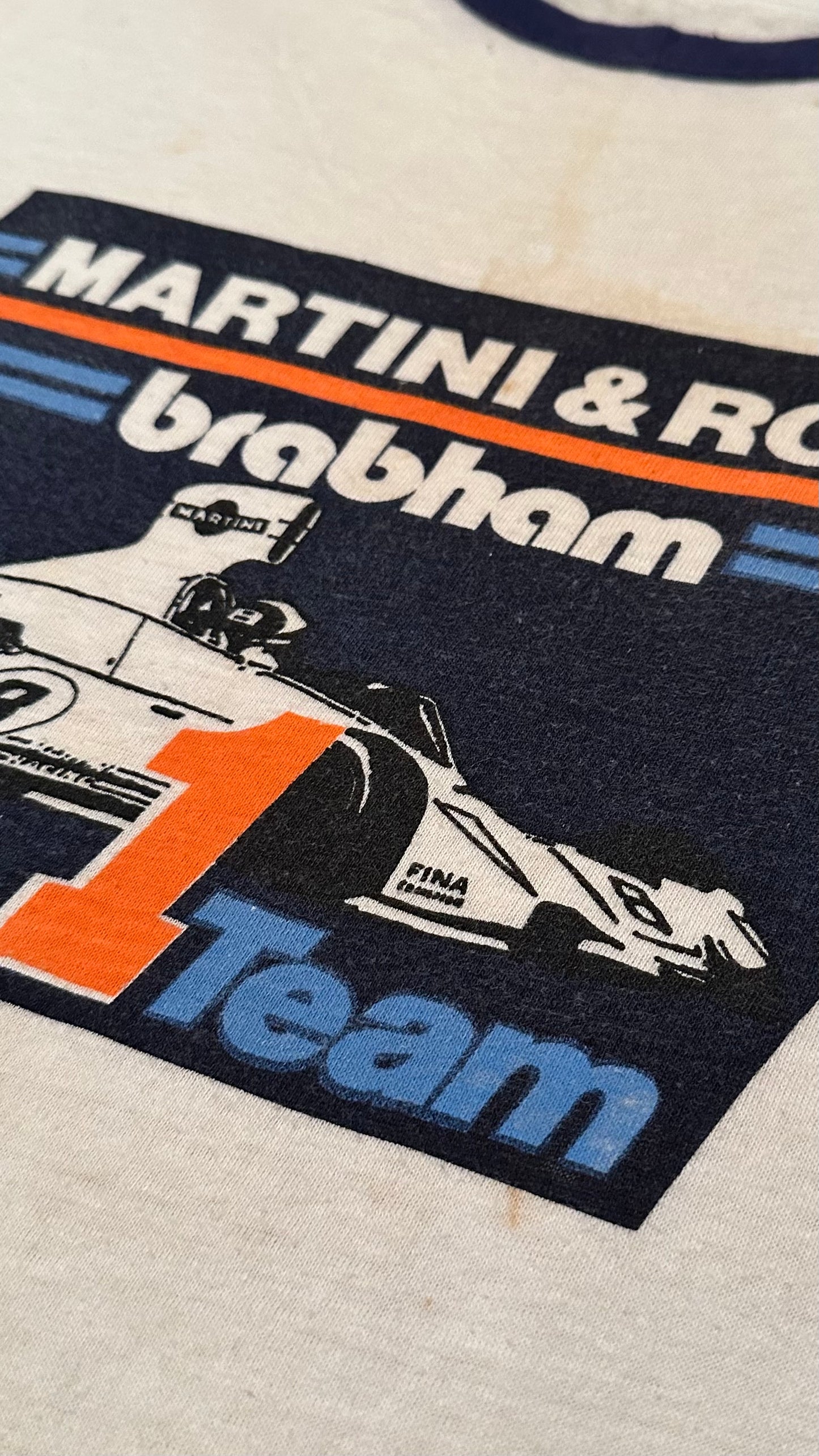 Vintage 70s 1970s MARTINI & ROSSI BRABHAM Formula 1 Team F1 Ringer T SHIRT Formula One BT44B Car Grand Prix Auto Racing Automotive White Hanes Label Mens Large L*******CW