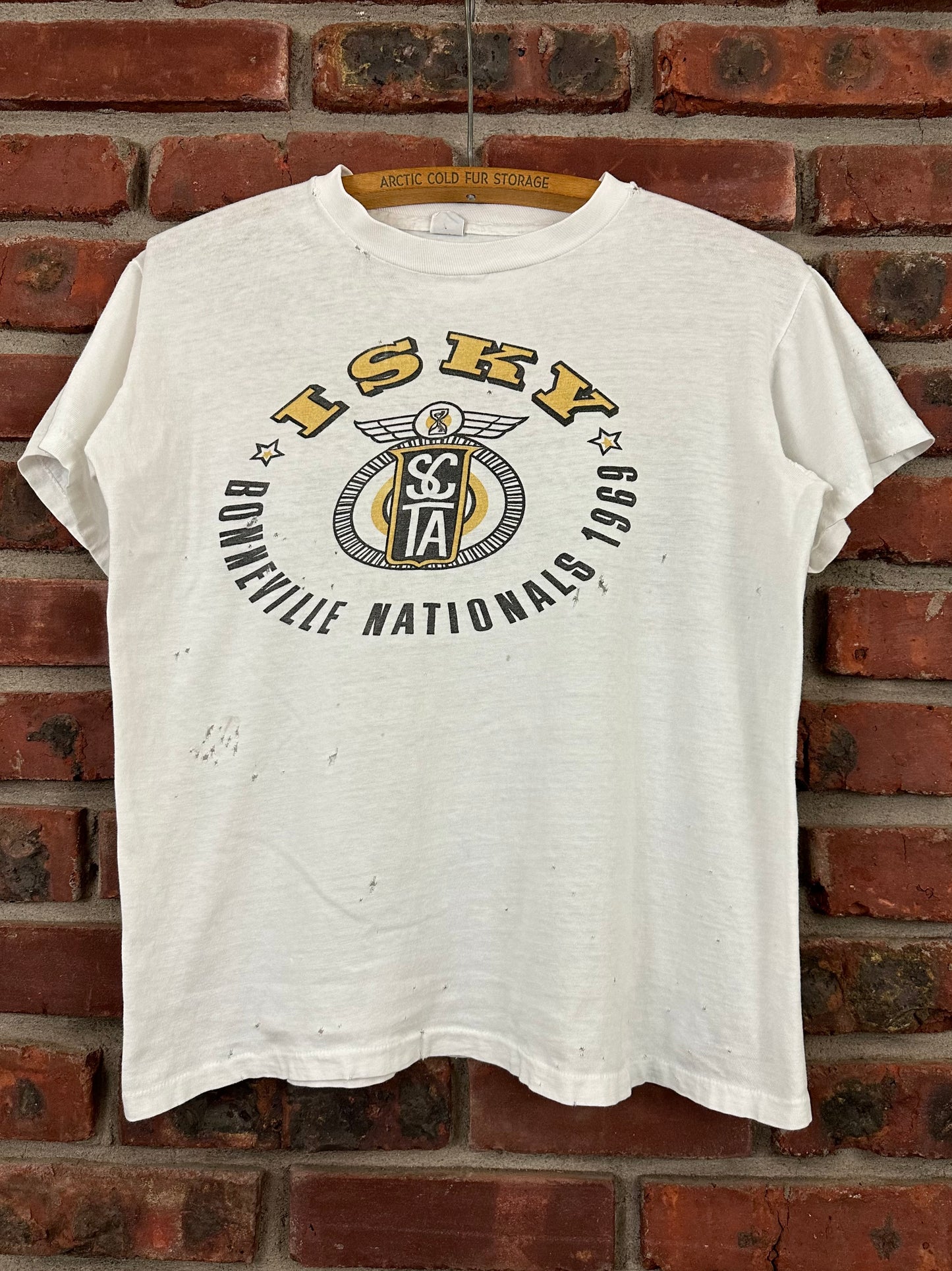 Vintage 60s 1960s 1969 ISKY CAMS Bonneville Nationals Sponsor T-Shirt SCCTA Iskenderian Camshafts Hot Rod Drag Racing Thrashed Distressed White Russell Mens Extra Small XS 18.5"W 22.5"L