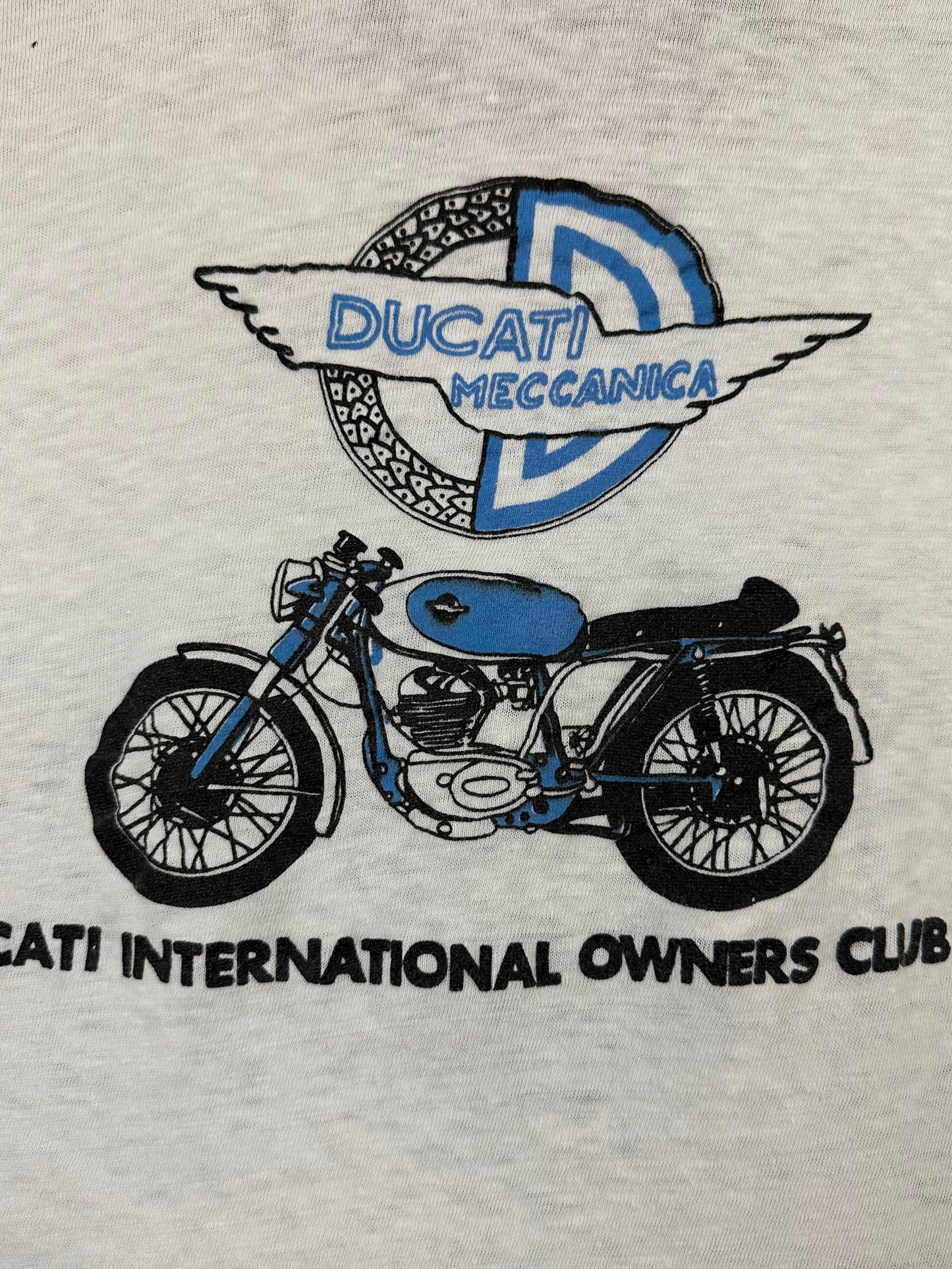 Vintage 70s 1970s DUCATI MECCANICA Motorcycles   International Owners Club T-Shirt Desmo Biker Soft White Hanes Label Mens Extra Small XS 16.5x22.5