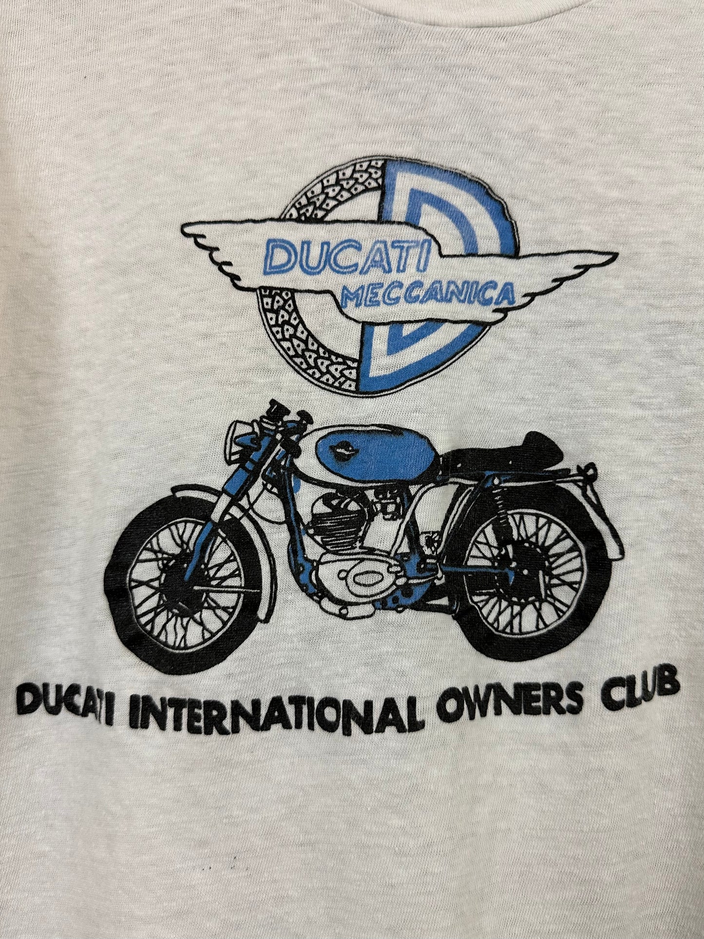 Vintage 70s 1970s DUCATI MECCANICA Motorcycles   International Owners Club T-Shirt Desmo Biker Soft White Hanes Label Mens Extra Small XS 16.5x22.5