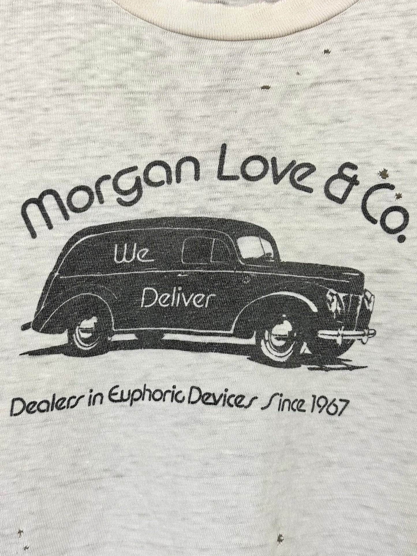 Vintage 70s 1970s MORGAN LOVE & CO T-Shirt Dealers In Euphoric Devices Since 1967 Marijuana Smoking Accessories Bongs Pipes Hippie Stoner Cannabis Weed Thrashed Burnout White Hanes Label Mens Medium M 19x27