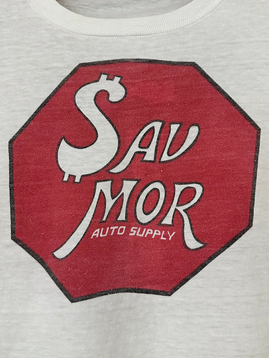 Vintage 60s 70s 1960s 1970s SAV-MOR Auto Parts T-Shirt Mesquite Plano Texas Automotive Car Mechanic Speed Shop Thin Soft White Mens Small S