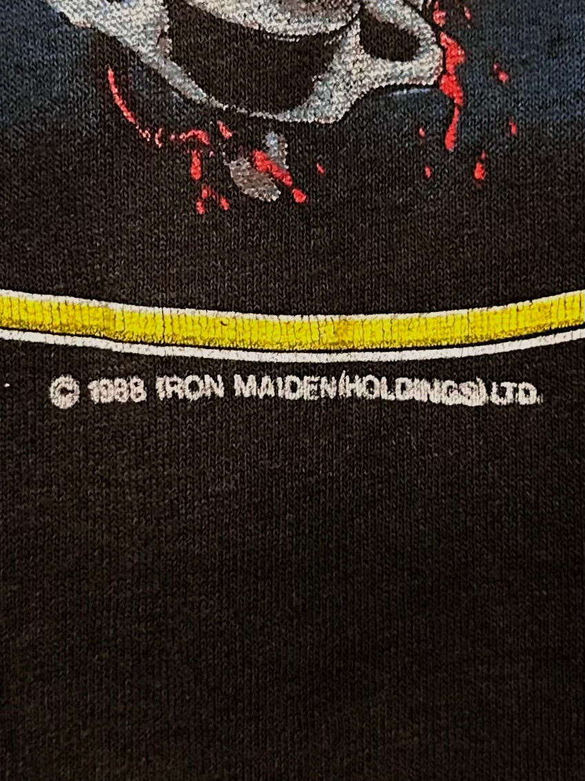 Vintage 80s 1980s 1988 IRON MAIDEN Can I Play with Madness Heavy Metal Rock Concert Tour T-Shirt Seventh Son Faded Black Spring Ford Label Mens Small S