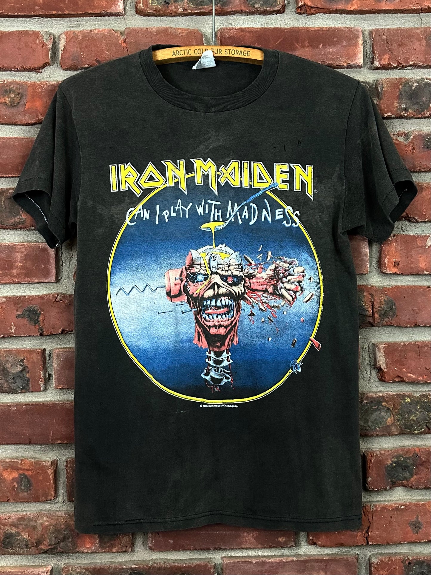 Vintage 80s 1980s 1988 IRON MAIDEN Can I Play with Madness Heavy Metal Rock Concert Tour T-Shirt Seventh Son Faded Black Spring Ford Label Mens Small S