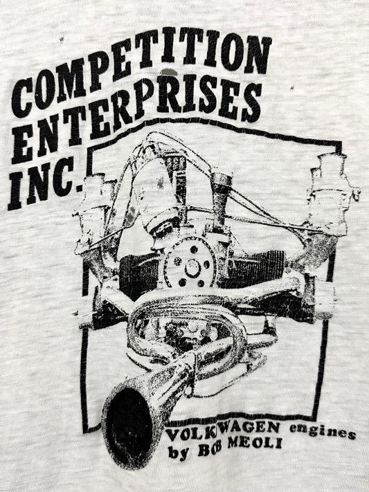 Vintage 70s 1970s COMPETITION ENTERPRISES INC Volkswagen VW Engines By Bob Meoli T-Shirt Custom Automotive Auto Racing Car Mechanic Speed Shop Distressed Paper Thin White Healthknit Pak-knit Mens Medium M 17.25x29.5