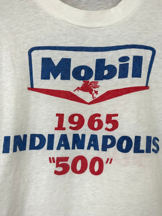 Vintage 60s 1960s 1965 MOBIL INDIANAPOLIS 500 Sponsor T-Shirt Indy Car Racing Automotive Motor Oil Gasoline Gas White DeJac De-Jac Label Mens Small S  18x25.5