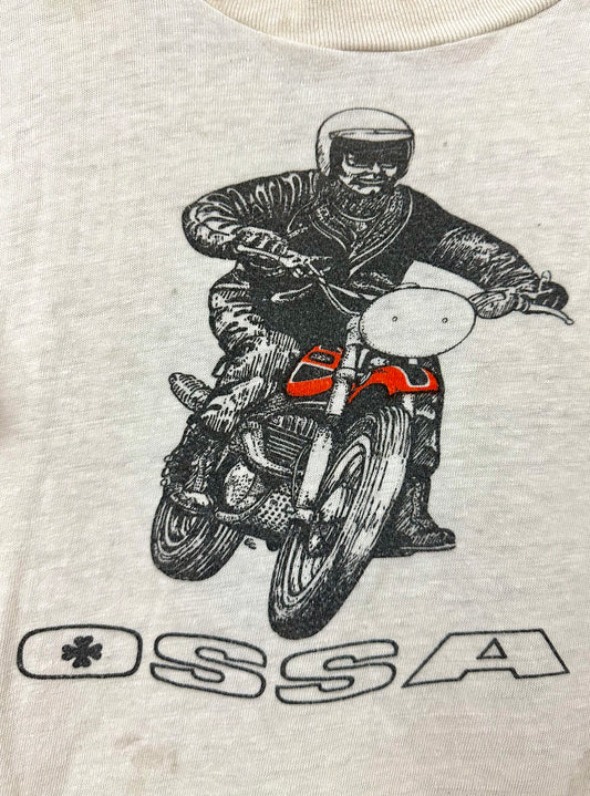 Vintage 70s 1970s OSSA Motorcycles Dealer T-Shirt Four Seasons Cycle Center Inc Birmingham Alabama Husqvarna Penton Hodaka White Sportswear Label Mens Extra Small XS 17.25x21