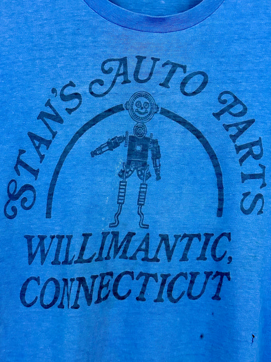 Vintage 60s 70s 1960s 1970s STANS AUTO PARTS Willimantic Connecticut T-Shirt Car Repair Mechanic Blue Hanes Mens Small S