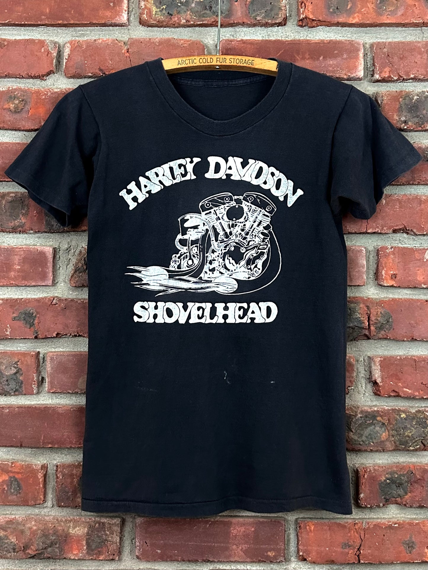 Vintage 70s 1970s HARLEY DAVIDSON Motorcycles Shovelhead Biker T-Shirt Motor Engine Faded Black Mens Extra Small XS