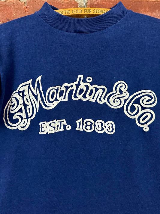 Vintage 70s 1970s C. F. MARTIN & COMPANY Guitars T-Shirt CF Martin & Co Musical Instruments Blue Collegiate Pacific Mens Extra Small XS