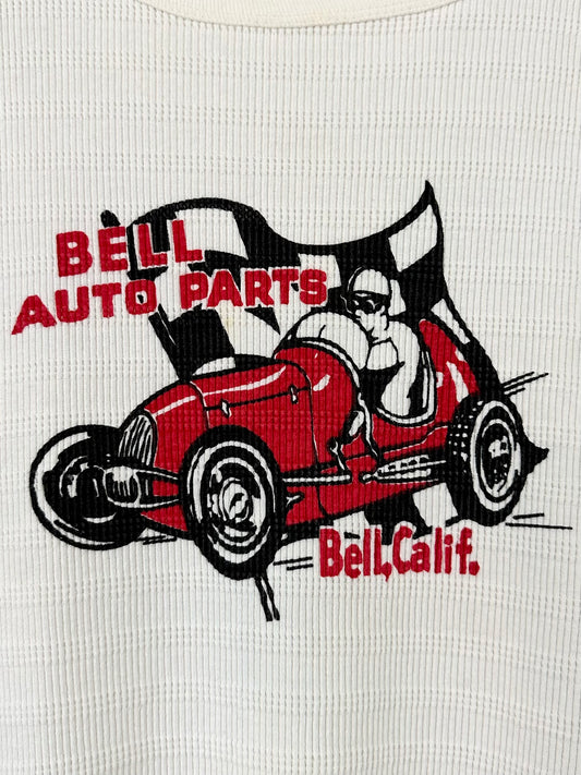 Vintage 50s 1950s BELL AUTO PARTS Bell California CA Waffle Thermal T-Shirt Hot Rod Drag Racing Automotive Pit Crew Auto Mechanic White Mens Small S 19.25W X 26”L