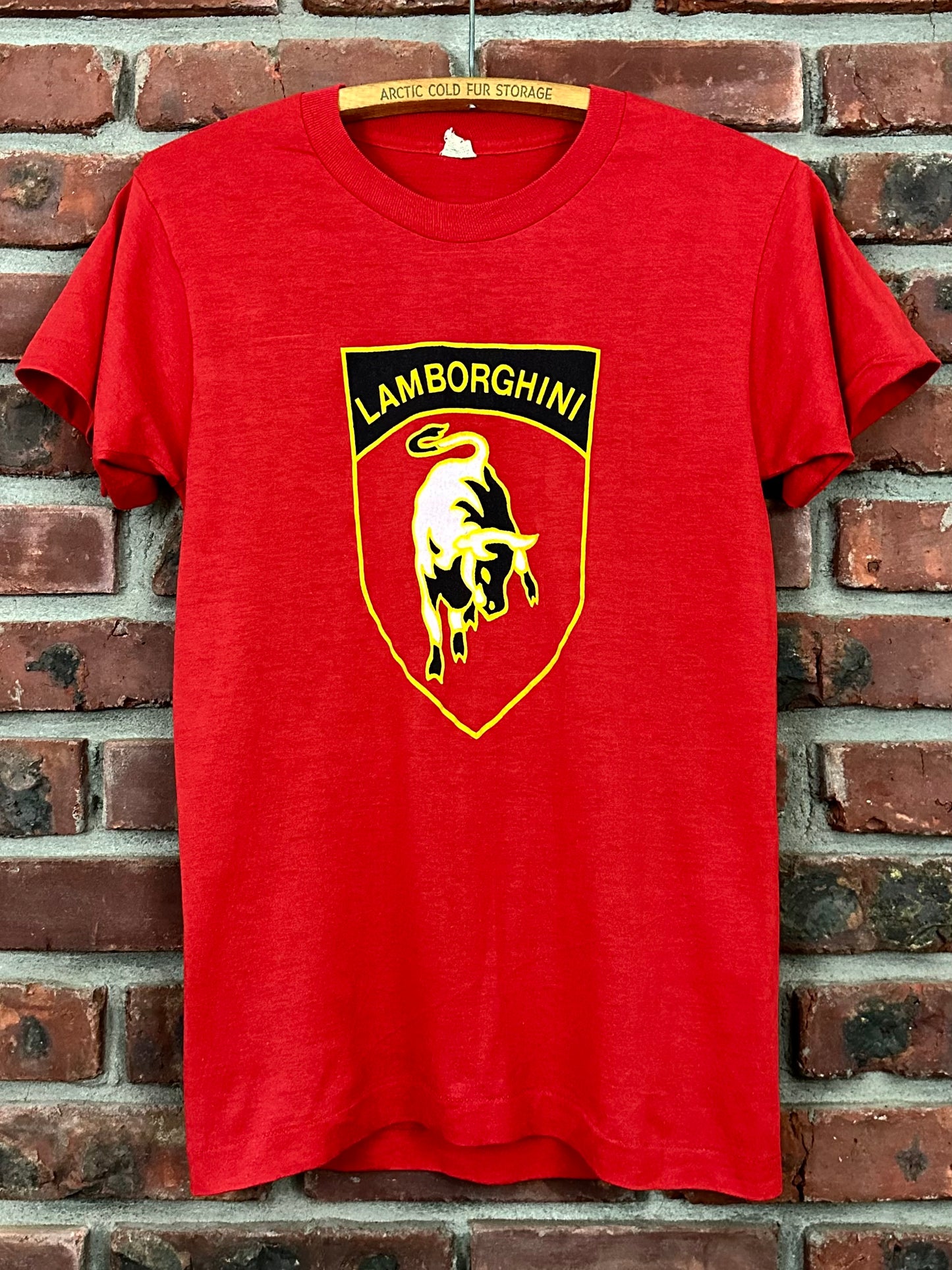 Vintage 80s 1980s LAMBORGHINI T-Shirt Italian European Car Company Auto Automotive Mens Red Screen Stars Label Mens Extra Small XS