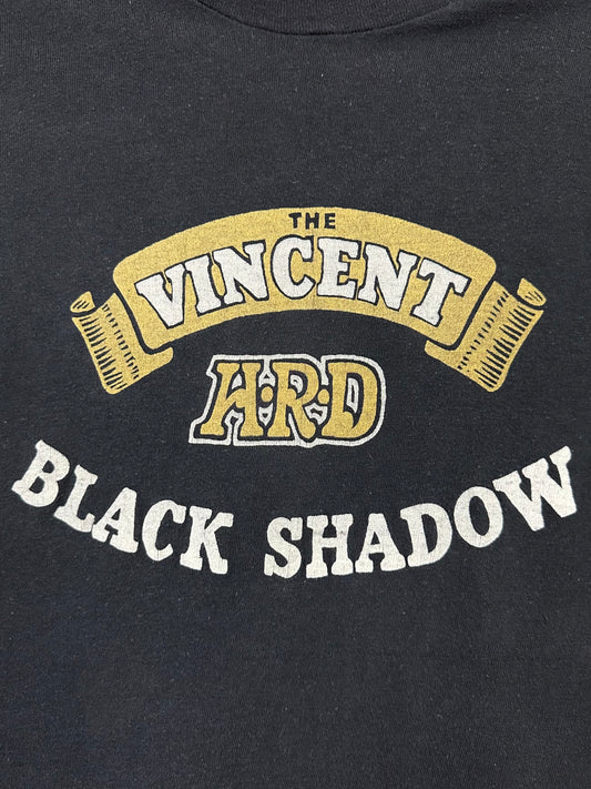 Vintage 70s 1970s THE VINCENT HRD Black Shadow Motorcycle T-Shirt Classic Motorcycles Of Santa Cruz California CA Dealer British Biker Soft Faded Black Hanes Label Mens Small S 17.25x26