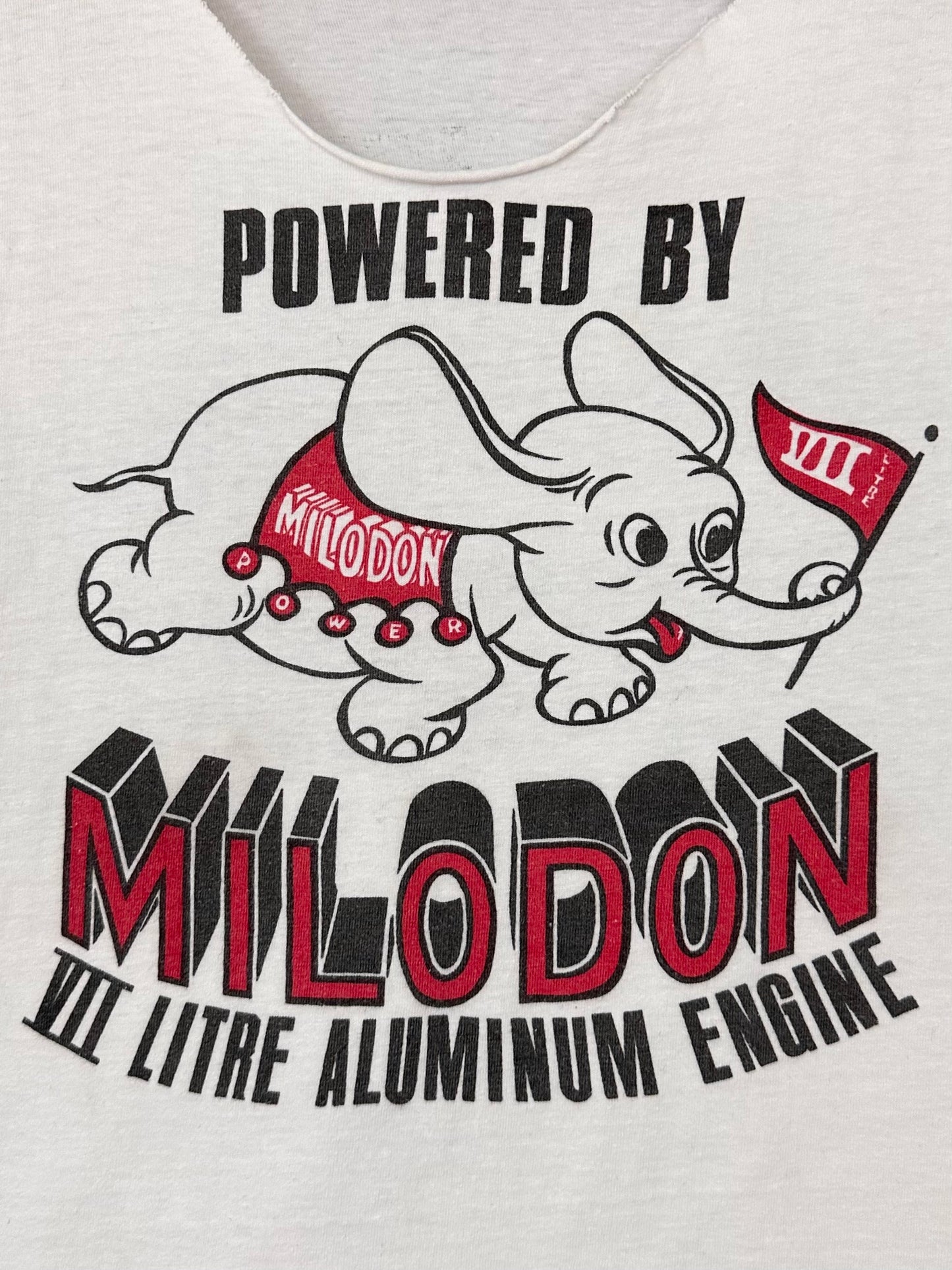 Vintage 70s 1970s Powered By MILODON VII Litre Aluminum Engine Sleeveless T-Shirt Cut-Off Tank Top Engineering East & West Speed Shop Hot Rod Drag Racing White Mens Extra Small XS 17.75" W 22.50"L