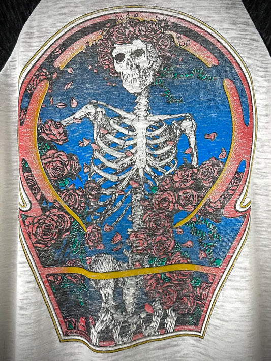 Vintage 80s 1980s 1980 GRATEFUL DEAD Rock Concert Tour T-Shirt Raglan Sleeve Jersey Bertha Rose Garden Alton Kelley Stanley Mouse Paper Thin Burnout Mens Medium M