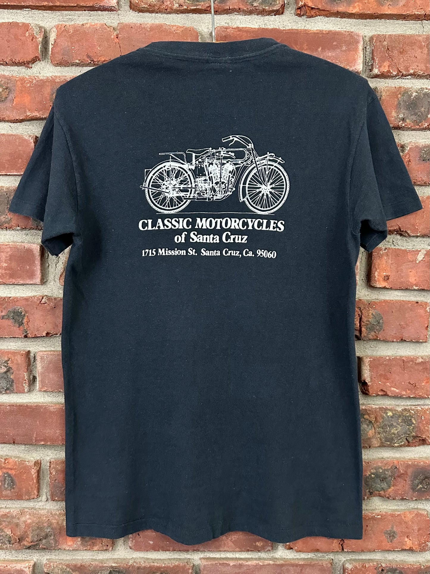 Vintage 70s 1970s THE VINCENT HRD Black Shadow Motorcycle T-Shirt Classic Motorcycles Of Santa Cruz California CA Dealer British Biker Soft Faded Black Hanes Label Mens Small S 17.25x26