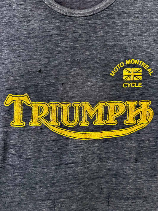 Vintage 70s 1970s TRIUMPH Motorcycles Dealer T-Shirt Moto Montreal Canada Paper Thin Burnout Soft Faded Black Mens Small S 17.25x28.25