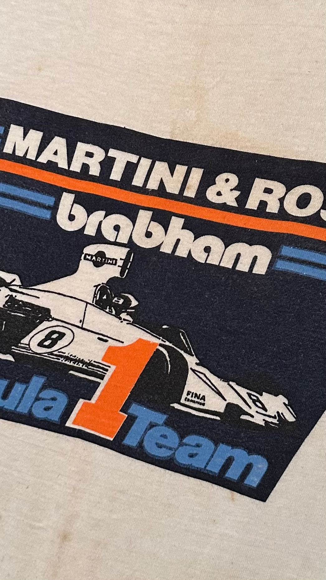 Vintage 70s 1970s MARTINI & ROSSI BRABHAM Formula 1 Team F1 Ringer T SHIRT Formula One BT44B Car Grand Prix Auto Racing Automotive White Hanes Label Mens Large L*******CW