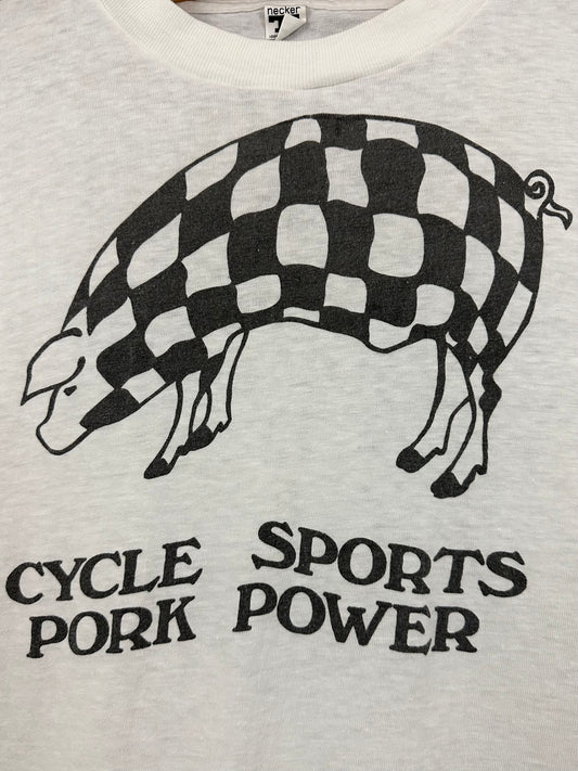 Vintage 60s 1960s CYCLE SPORTS Pork Power Motorcycle Dealer T-Shirt Speed Shop Racing White Necker Label